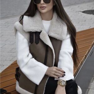 Zara Shearling Sherpa Lined Brown Moto Vest